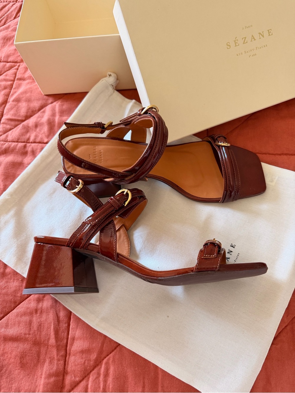 Sezane Dark Brown Leather Buckle Block Heel Sandals - Picture 2 of 5